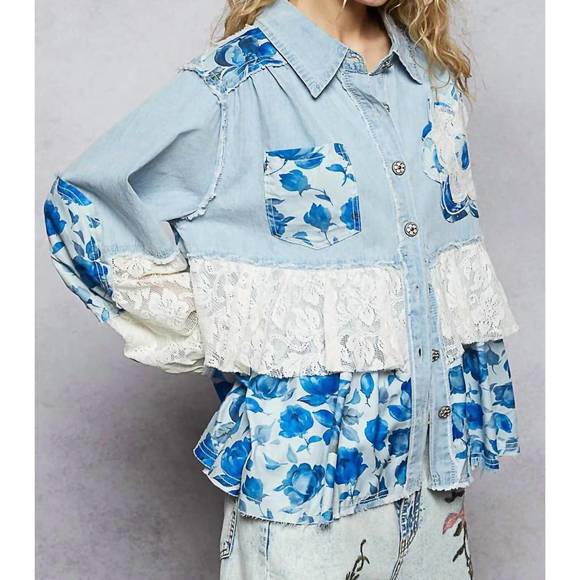 NEW POL patchwork denim shirt with lace trim details in blue - Picture 2 of 4